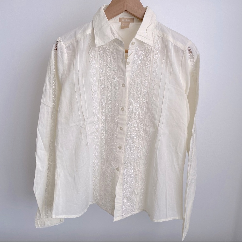 Nicolette NWOT Women's Cotton Long Sleeve Shirt with Lace Detail, Nature, Size L